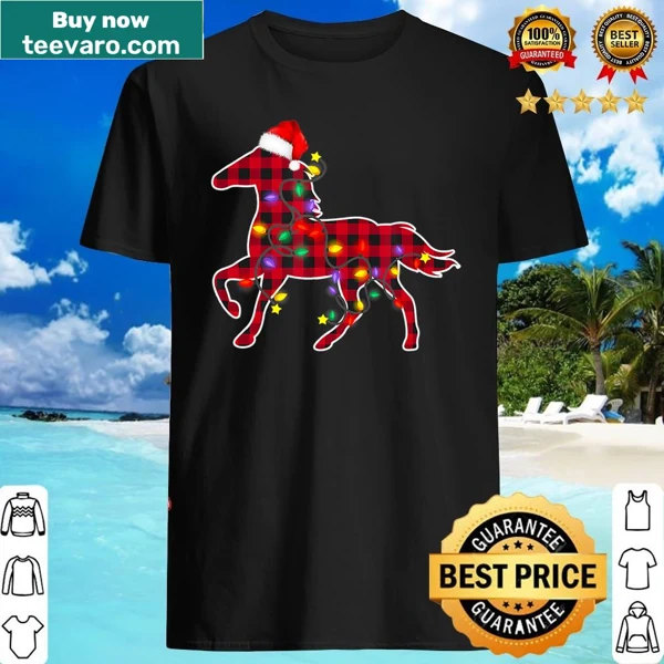 Cute family Christmas shirt with horse in red plaid and lights
