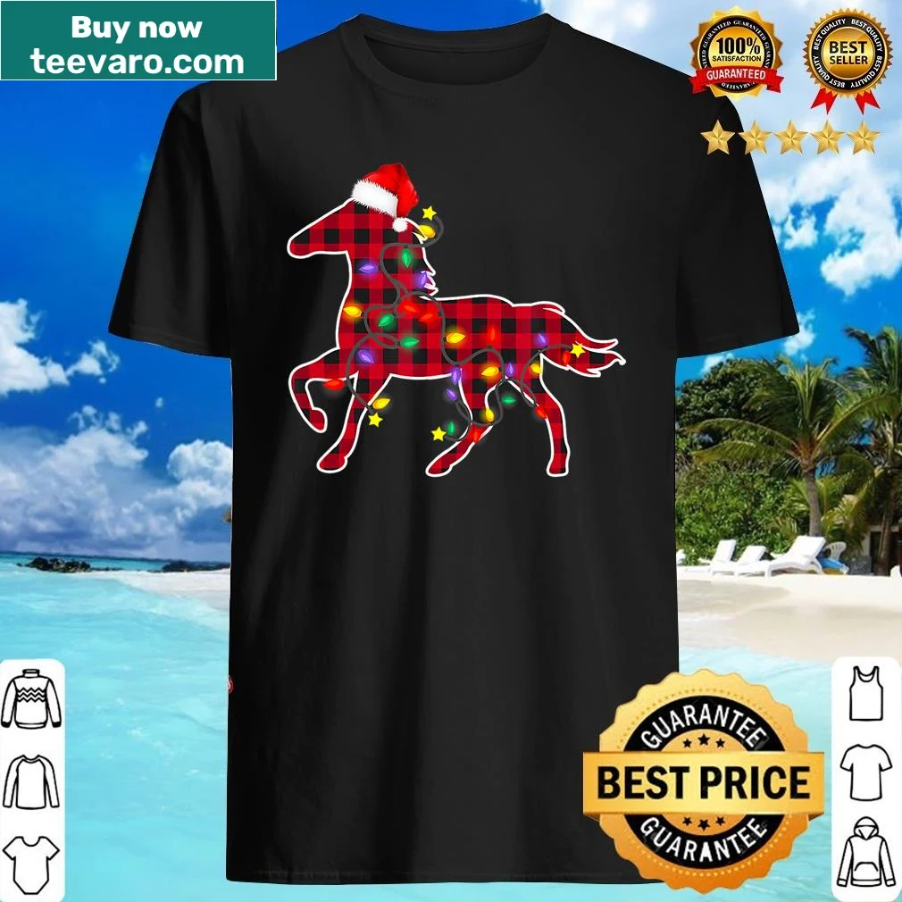Cute family Christmas shirt with horse in red plaid and lights