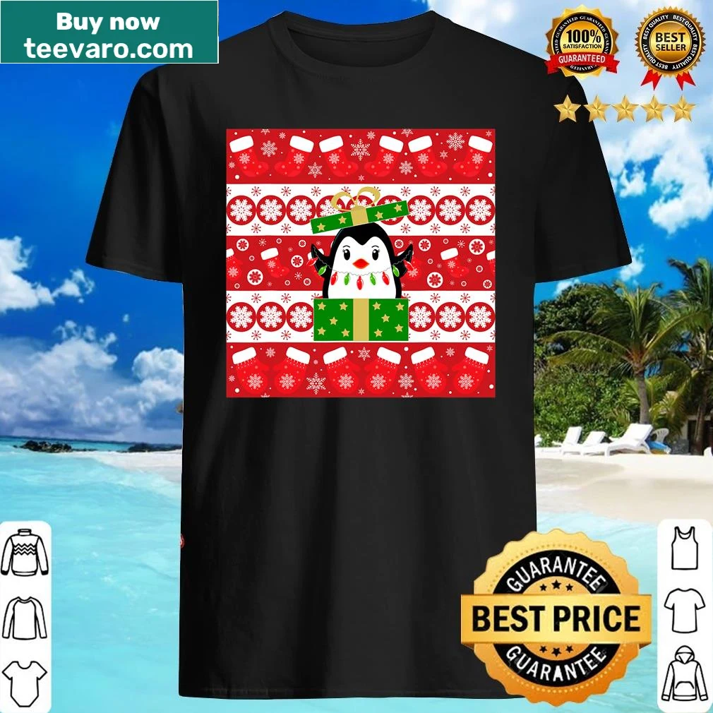 Festive Christmas shirt featuring a stocking, mittens, and a penguin