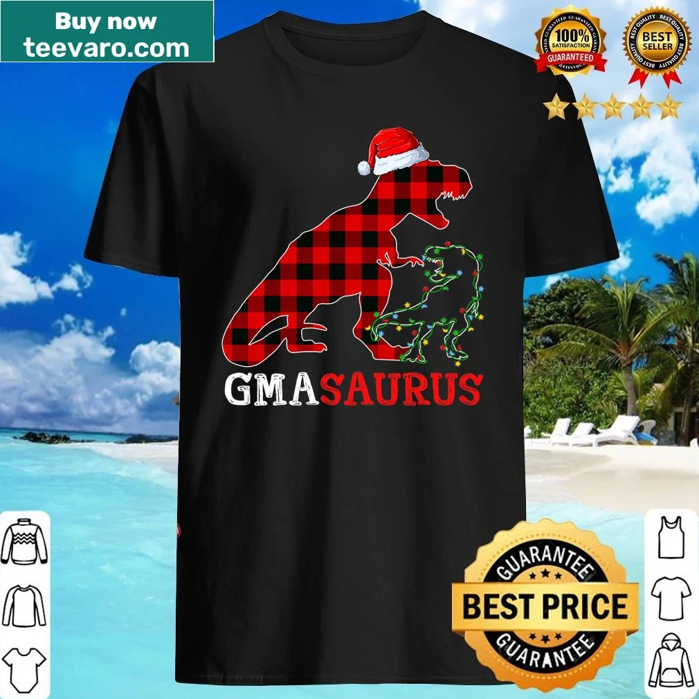 Christmas shirt with cartoon dinosaur and kid in Santa hat.