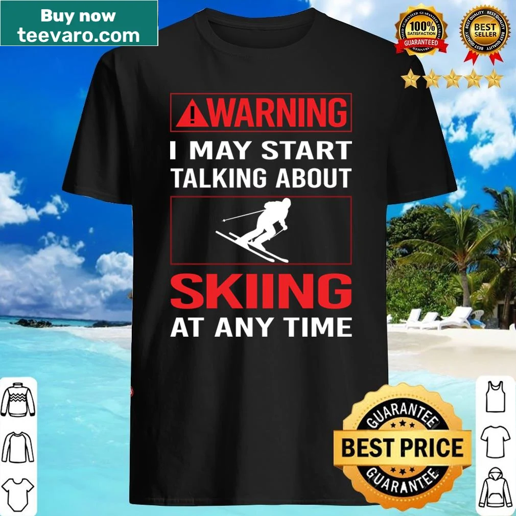 Bold skiing warning graphic on red shirt for ski enthusiasts