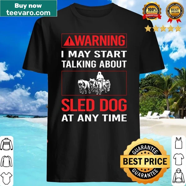 Bold sled dog warning graphic on red shirt for dog enthusiasts