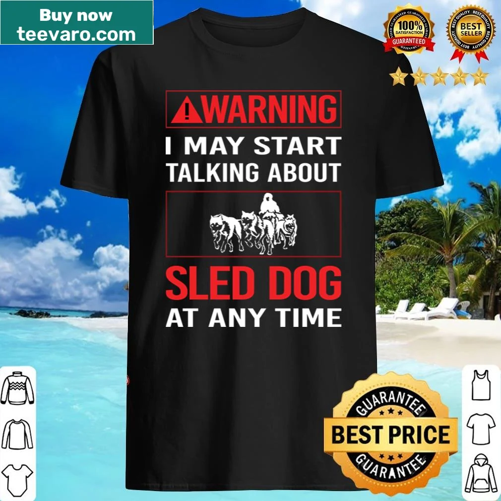 Bold sled dog warning graphic on red shirt for dog enthusiasts