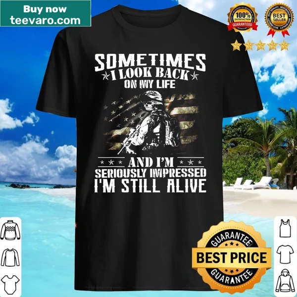 Shirt with US flag and nostalgic text about life and service.