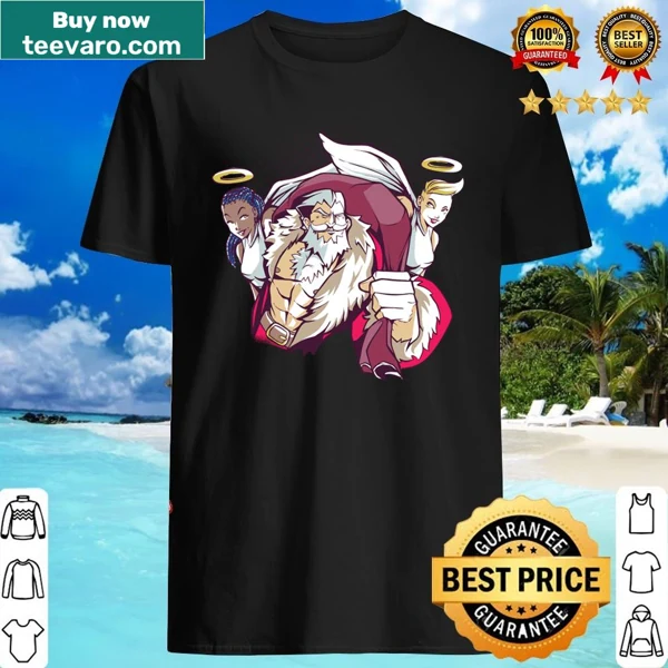 Festive shirt featuring a muscular Santa with two angels