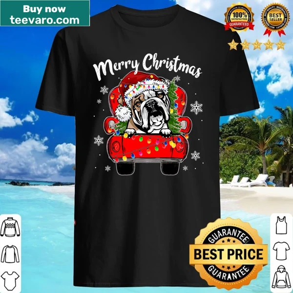English Bulldog in a red truck with Christmas decorations design