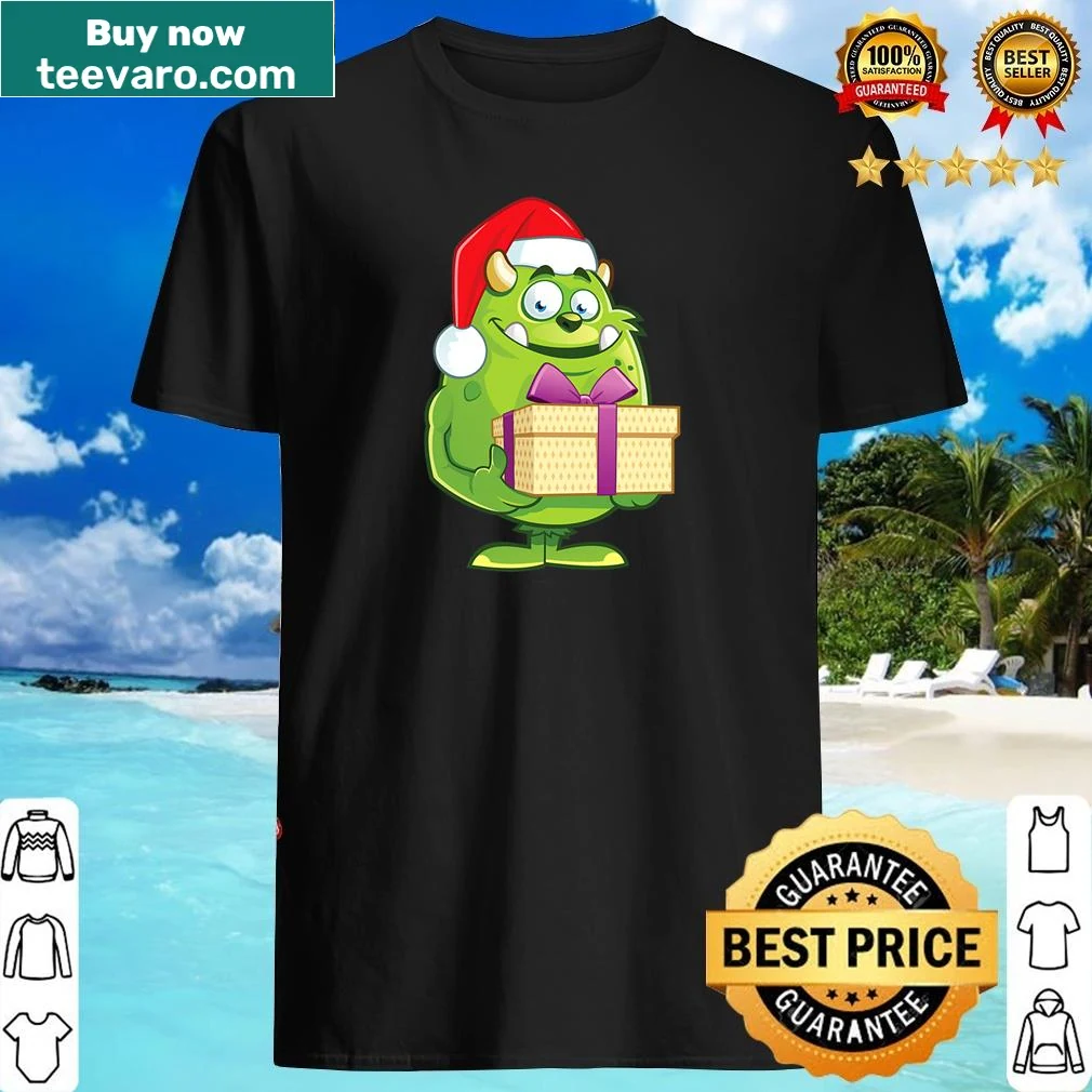 Cute Christmas shirt with green monster in Santa hat and present box