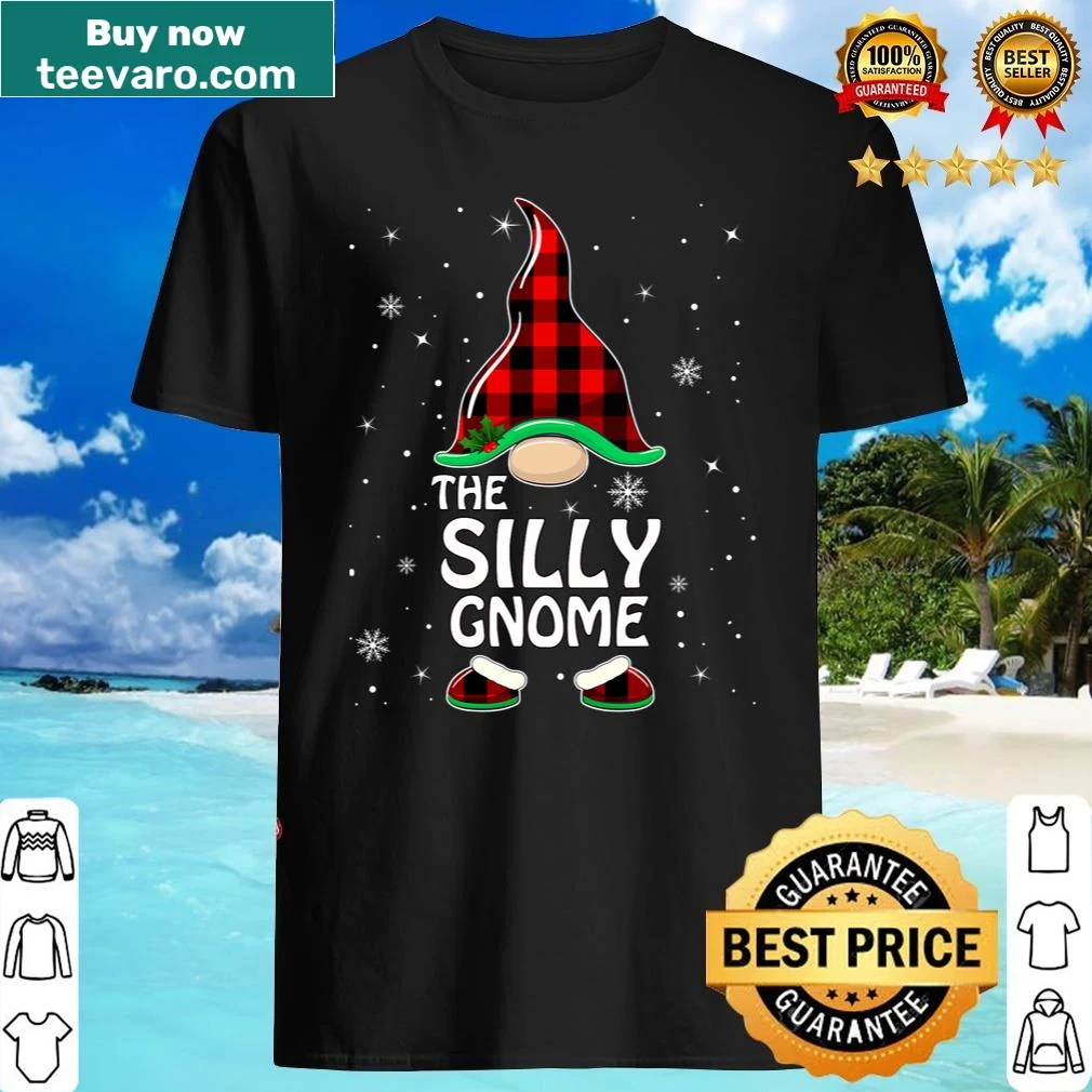 Family pajama shirt featuring a silly gnome in buffalo plaid