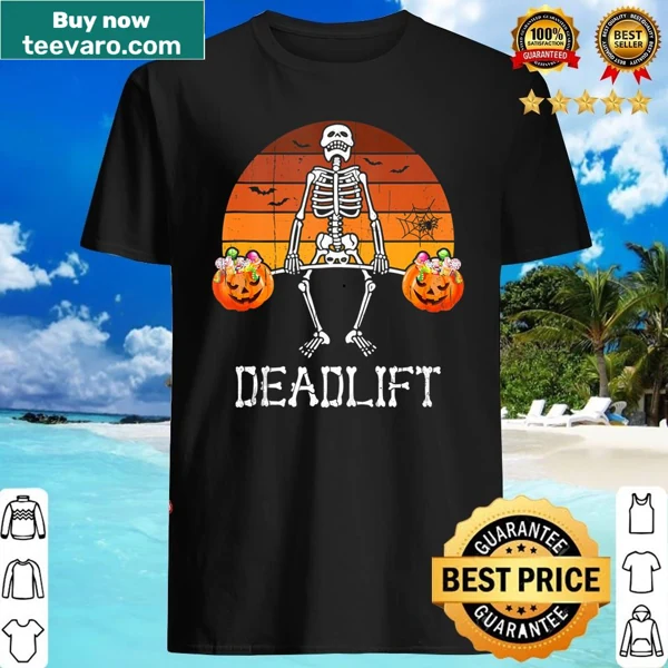 Skeleton deadlifting candy buckets on Halloween workout tank top