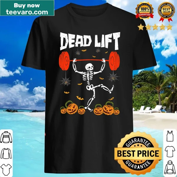 Cartoon skeleton lifting weights on funny gym workout shirt