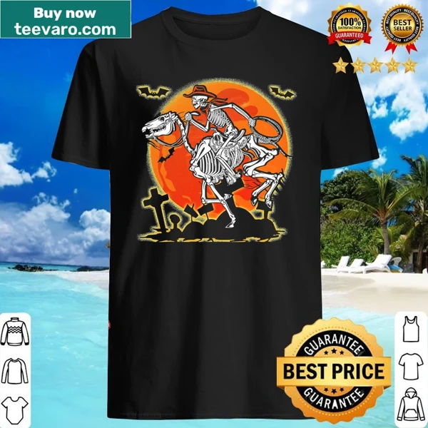 Skeleton cowboy riding a ghostly horse design for Halloween.