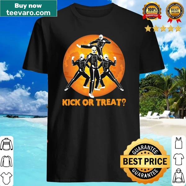 Halloween shirt featuring playful skeletons karate kicking
