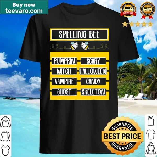 Hand-lettered Halloween costume shirt with spelling bee pun for teachers