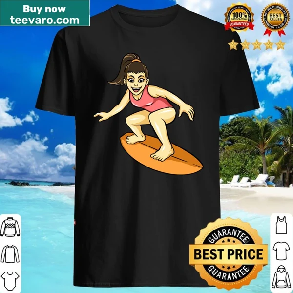 Surfing girl graphic celebrating beach adventures and summer fun