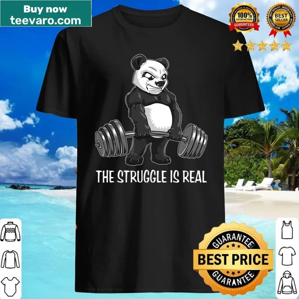 Cartoon panda lifting weights with humorous text on fitness shirt
