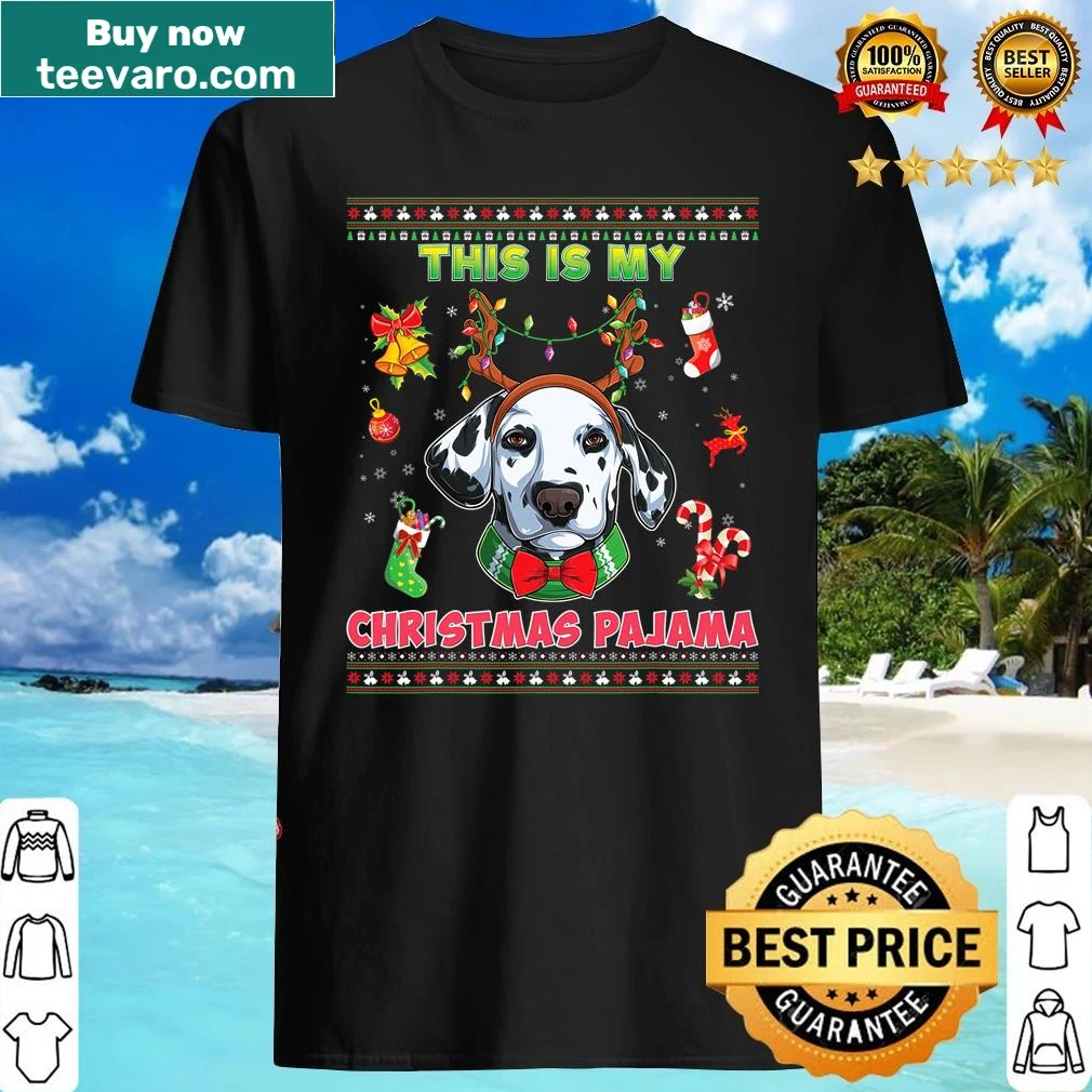 Humorous Christmas shirt featuring a Dalmatian dog in festive attire
