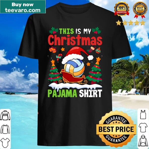 Christmas-themed shirt with volleyball and tree graphics
