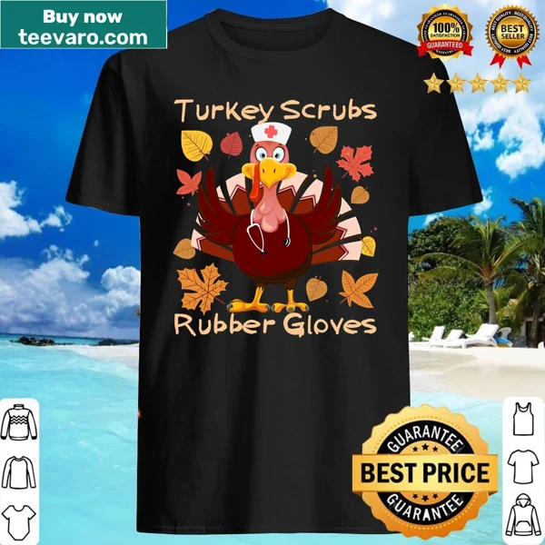 Illustrated turkey in scrubs and rubber gloves on a shirt