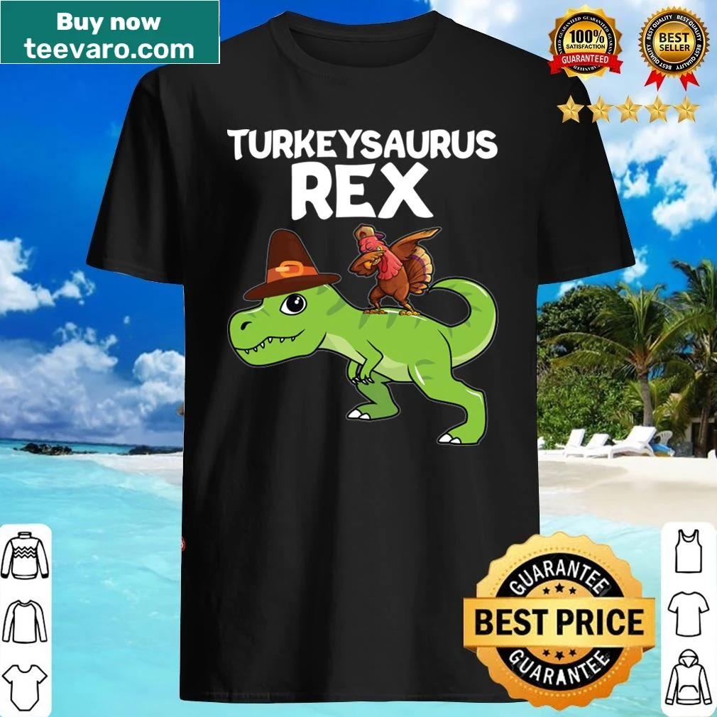 Cartoon turkey in T-rex form dabbing on a humorous shirt
