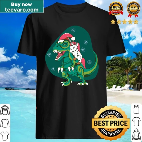 Fun shirt featuring a unicorn riding a T-rex graphic