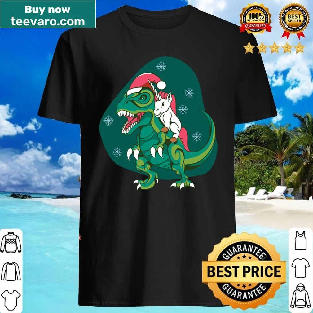 Fun shirt featuring a unicorn riding a T-rex graphic