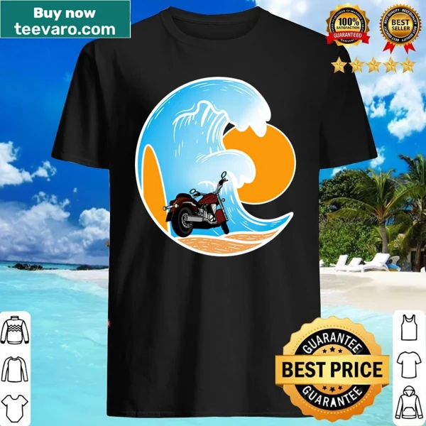 Minimalist line-art shirt depicting beach waves and palm trees.