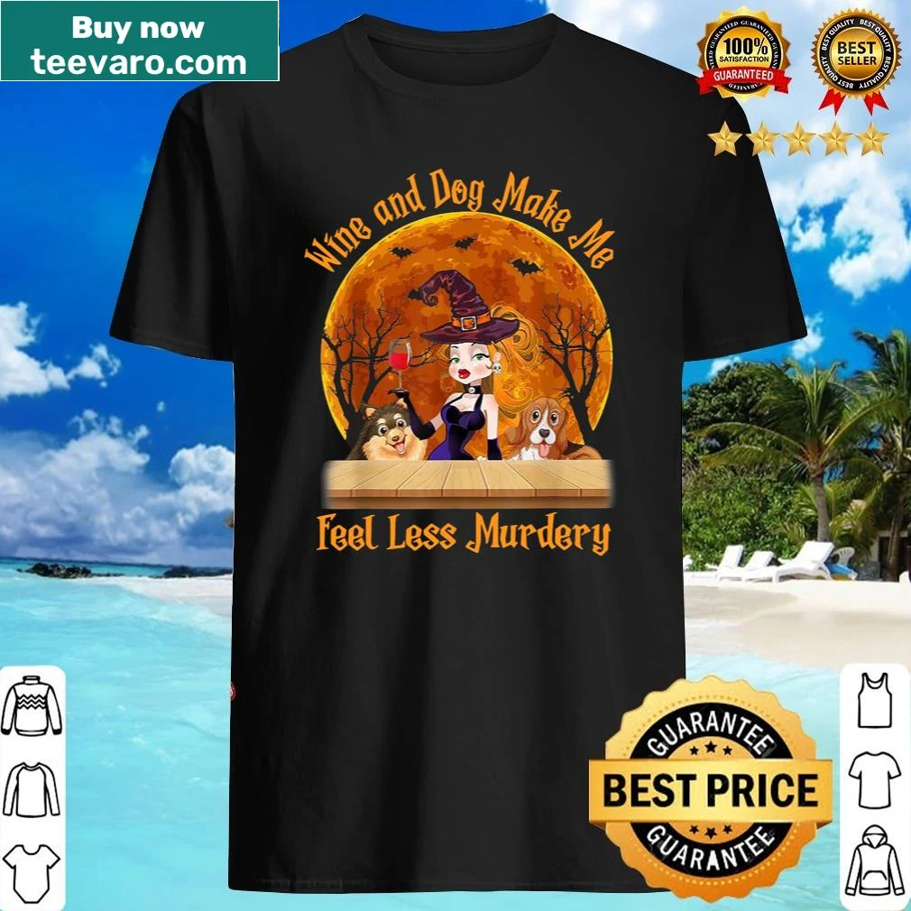 Funny Halloween shirt with wine and dog-themed text.