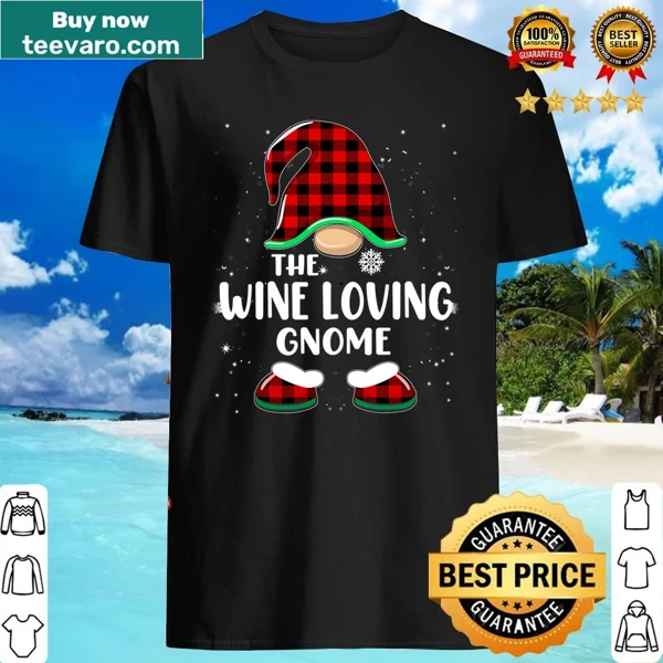 Playful shirt featuring a wine-loving gnome in buffalo plaid design.