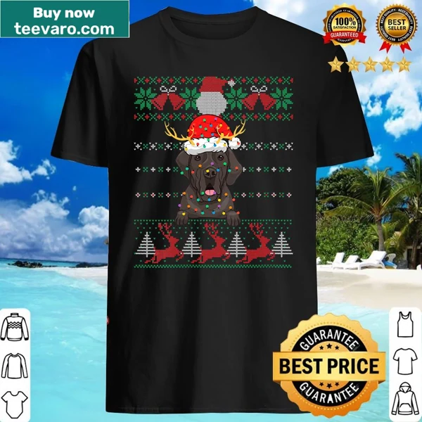 Christmas-themed shirt featuring a Great Dane with Christmas lights