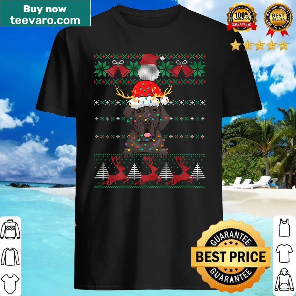 Christmas-themed shirt featuring a Great Dane with Christmas lights
