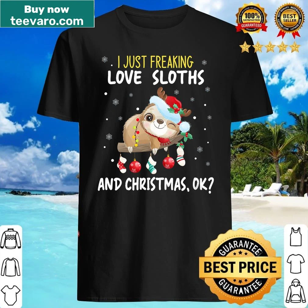 Cute V-neck shirt with sloth and Christmas theme.