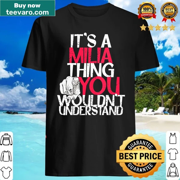 Casual V-neck shirt with humorous text about Milia culture