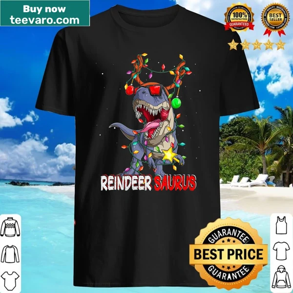 V-neck T-shirt with a T-Rex dressed as a reindeer for Christmas