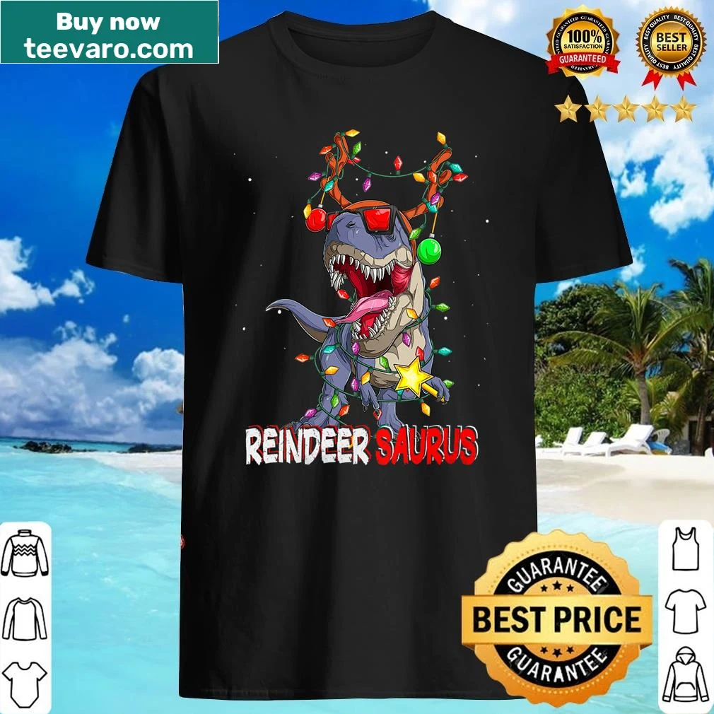 V-neck T-shirt with a T-Rex dressed as a reindeer for Christmas