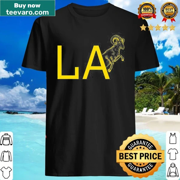 Illustration of a yellow ram with La Blue text on a women's shirt