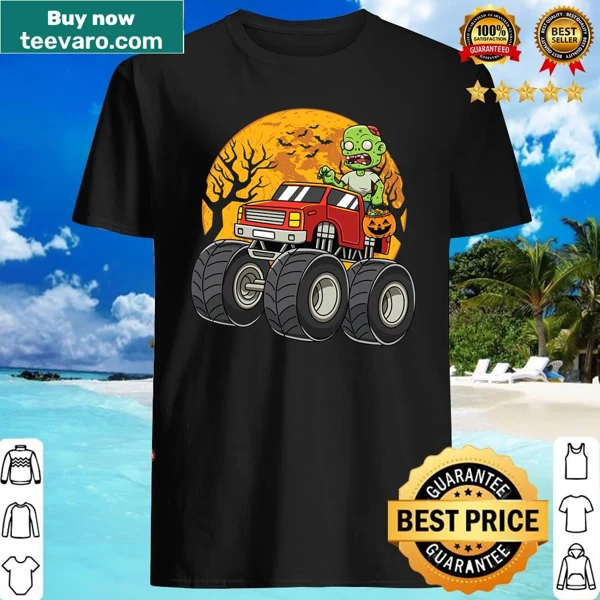 Zombie driving a monster truck surrounded by pumpkins
