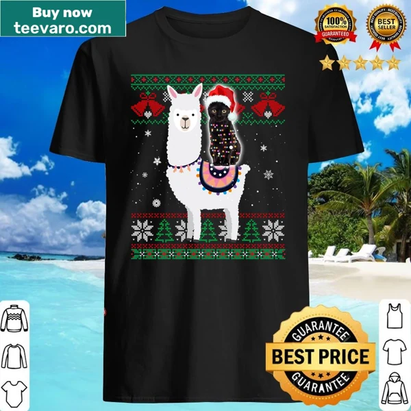 Whimsical Christmas shirt with a black cat riding a llama in holiday attire.