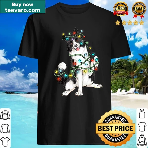 Illustrated shirt with Collie dogs and Christmas lights