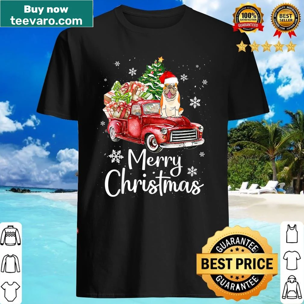 Graphic of Bulldog riding in a red truck for Christmas