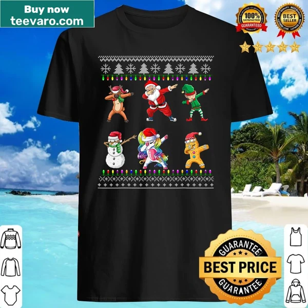 Cartoon dabbing Santa, elf, and unicorn design on shirt
