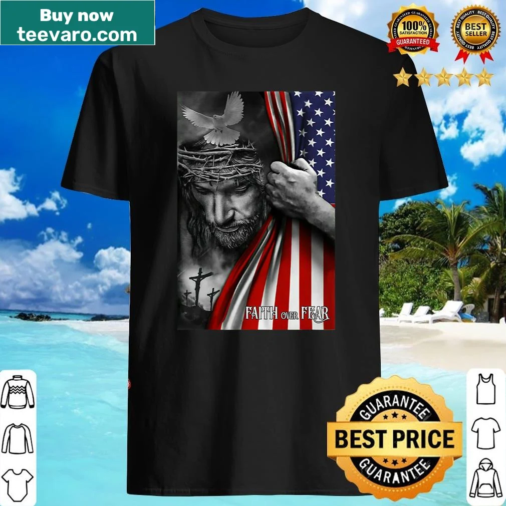 Inspirational typography shirt with 'Faith Over Fear' and American flag