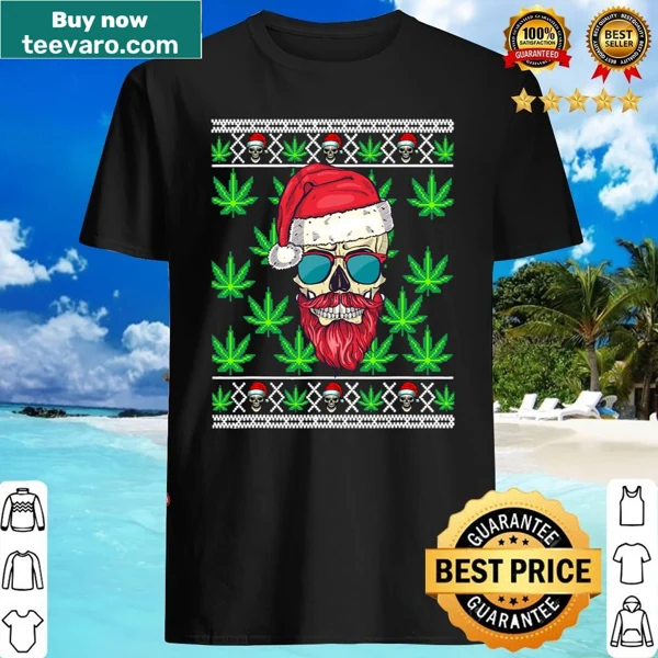 Vintage-style Santa skull shirt with cannabis leaves and 'Merry Weedmas' text