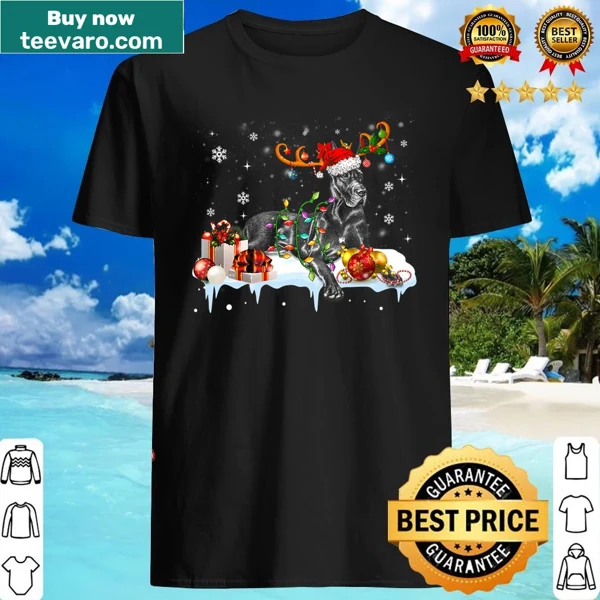 Great Dane dressed as a reindeer on a Christmas shirt