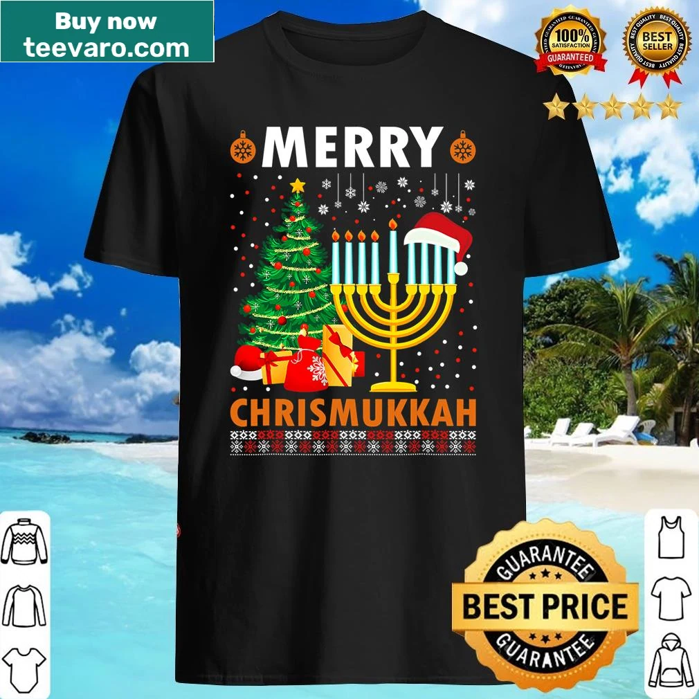 Festive holiday shirt for Chrismukkah with Santa hat and holiday greetings