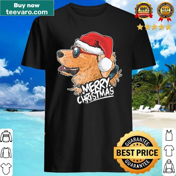 Labrador dog with sunglasses and Santa hat on a Christmas shirt