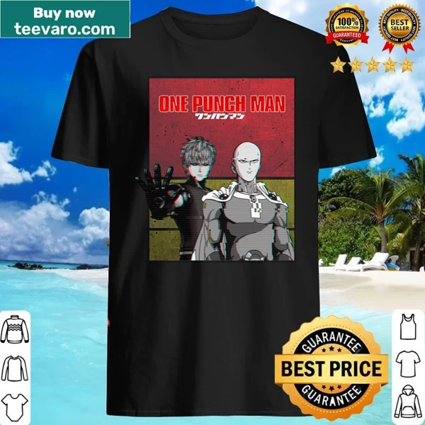 Black and white illustration of Saitama and Genos on a shirt