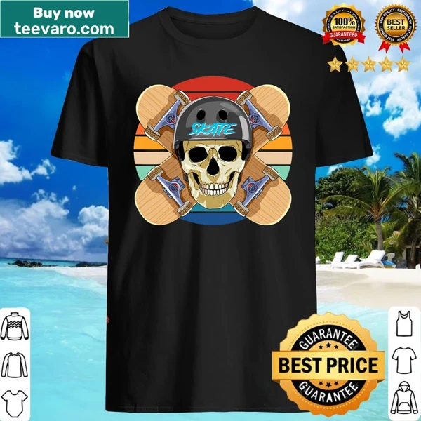 Skull graphic on a skateboard-themed shirt