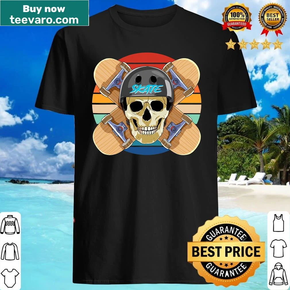 Skull graphic on a skateboard-themed shirt