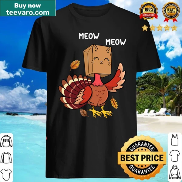 Funny Thanksgiving shirt with a cartoon cat and turkey design