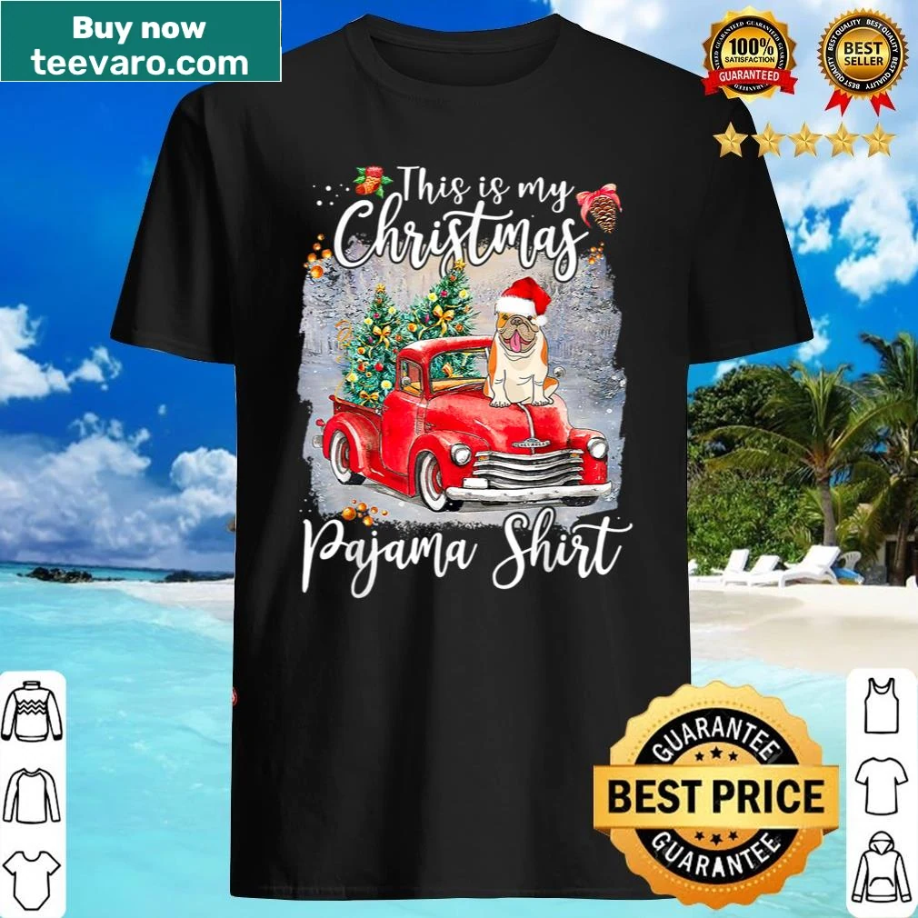 Bulldog and truck illustration on Christmas pajama shirt